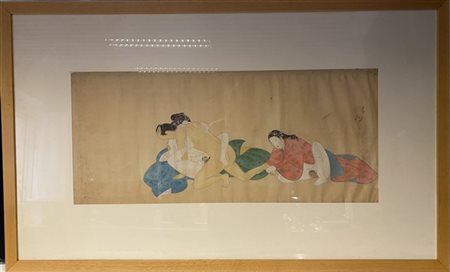 Shunga, tempera su carta raffigurante scena erotica, in cornice 
Giappone, seco