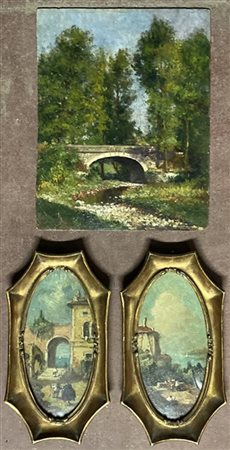 Lotto composto da tre dipinti ad olio raffiguranti "Paesaggi" dei quali due fir