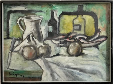 Paap "Composizione con frutta, brocca e bottiglia" olio su tela (cm 60x80) firma