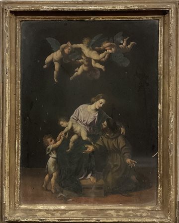 Maestro del sec XVII "Madonna con bambino, San Giovanni e San Francesco d'Assis