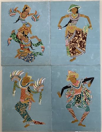 Lotto composto da quattro retouchè thailandesi su tessuti stampati (cm 31x23) e