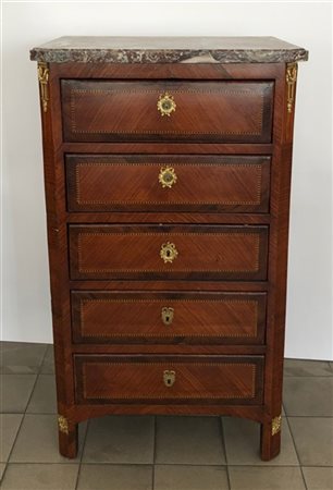 Cassettiera lastronata in legni vari decorata con applicazioni in metallo dorat