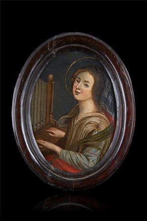 Scuola del secolo XVIII. Santa Cecilia. Olio su rame ovale (cm 17x13) in cornic