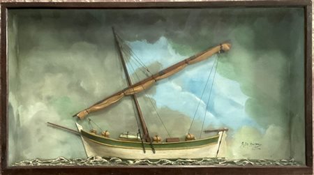 G. De Gasperi "Veliero" composizione con diorama su fondo dipinto, firmato in b