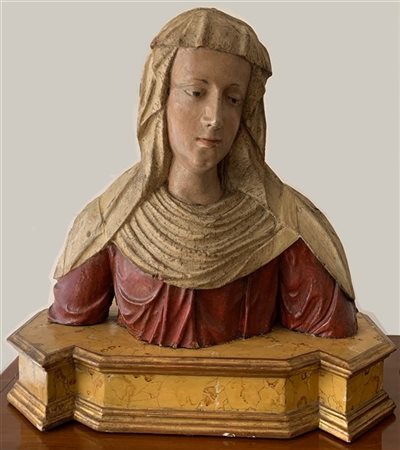 Arte del secolo XVIII "Madonna" busto in legno scolpito e laccato in policromia