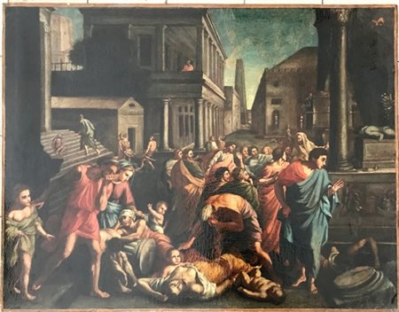 Scuola del secolo XVIII "La peste" olio su tela (cm 73,5x96) (difetti e restauri)