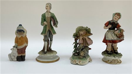 Manifatture differenti, gruppo di quattro sculture in porcellana policroma raff