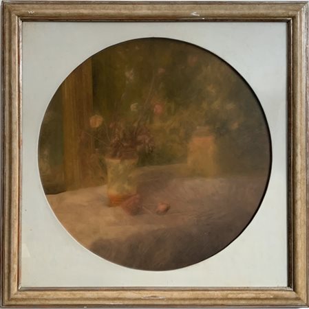 Giovanni Spinicchia "Composizione con vaso di fiori" olio su tavola (diam. cm 84