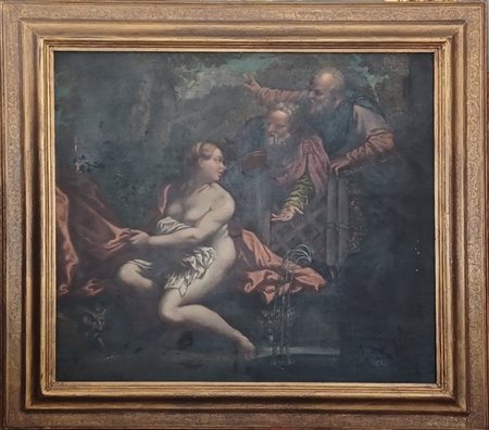 Scuola del secolo XVII "Susanna e i vecchioni" olio su tela (cm 73,5x78) in cor