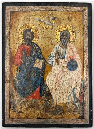 Maestro del secolo XIX "Trinità" icona ad olio su tavola (cm 17x23x2) (difetti)