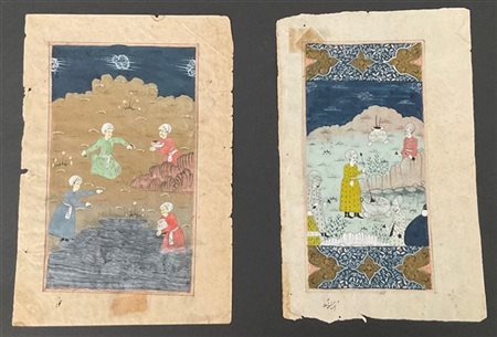 Due pagine di volume iraniano con illustrazioni dipinte (cm 15x23 ca) (difetti)
