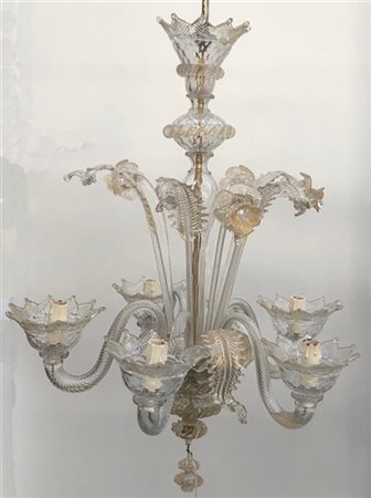 Manifattura di Murano, lampadario a cinque luci con decori a foglie e fiori (d