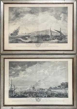 Coppia di incisioni raffiguranti vedute portuali (cm 60x85)
In cornici (lievi d