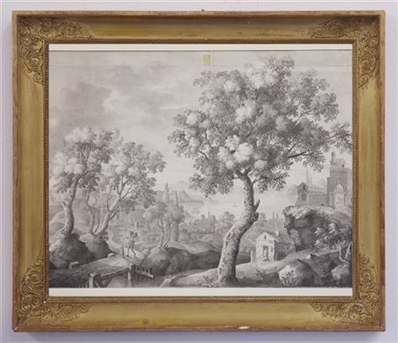 Scuola secolo XVIII, "Paesaggio" acquarello monocromo (cm 53x66) in cornice
