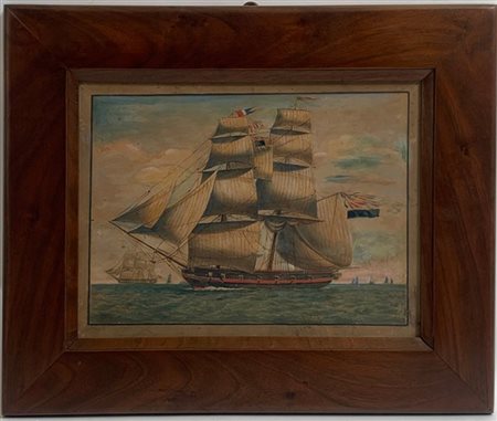 Ignoto del XIX secolo "Veliero battente bandiera francese" tecnica mista su car