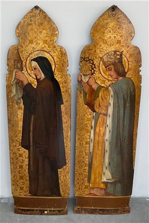 Coppia di dipinti neogotici su tavola raffiguranti San Luigi di Francia e Santa
