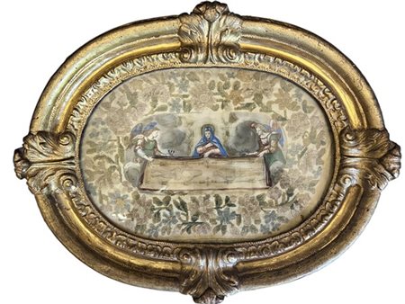 Manifattura italiana, ricamo in seta su tela dipinta raffigurante la Sacra Sind