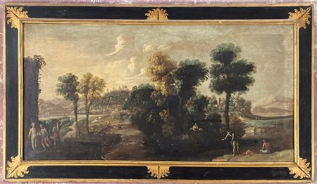 Scuola del secolo XVIII, "Paesaggio con pescatori", olio su tela (cm 68x133) In