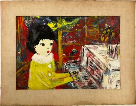 Nicola Ortis Poucette "Ritratto al piano" 
olio su carta (cm 26x37) Firmato in b