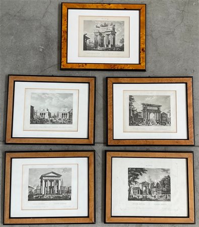 Lotto composto da cinque stampe raffiguranti vedute architettoniche milanesi, (