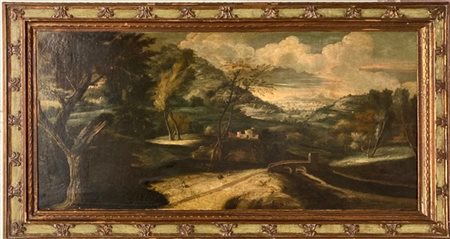 Scuola del secolo XVIII, "Paesaggi", coppia di dipinti ad olio su tela (cm 65x1
