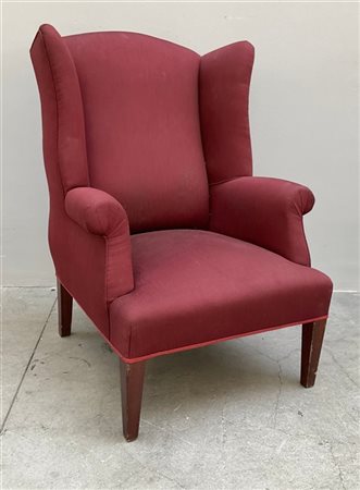 Poltrona ricoperta in tessuto, gambe in legno (difetti)