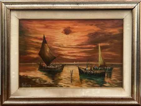 Walter Martuzzi "Barche al tramonto" 1983 acrilico su tela (cm 50x70) firmato in