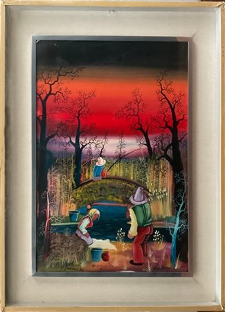 Firma indecifrata, dipinto Naif ad acrilico su tela raffigurante tre figure (cm