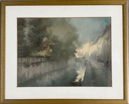 Luigi Curti "Lungo il Naviglio" pastelli colorati su carta (cm 35x50) Firmato in