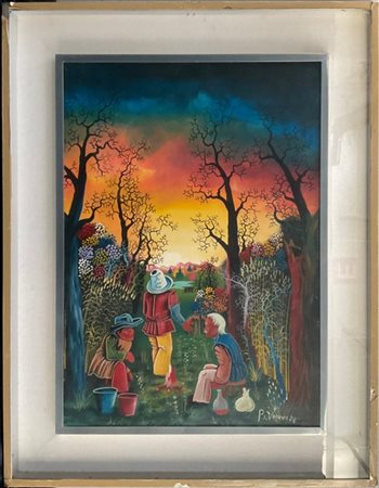 Firma indecifrata, dipinto Naif ad acrilico su tela raffigurante tre figure (cm