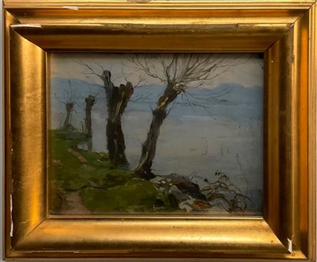 Firma indecifrata, "Paesaggio con alberi", olio su cartone (cm 19x24) firmato i