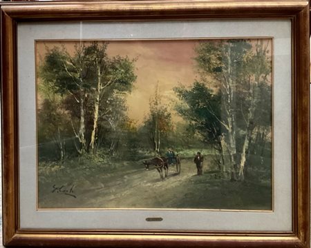 G. Curti "Paesaggio con figure", olio su tela (cm 48x68) firmato in basso a sini