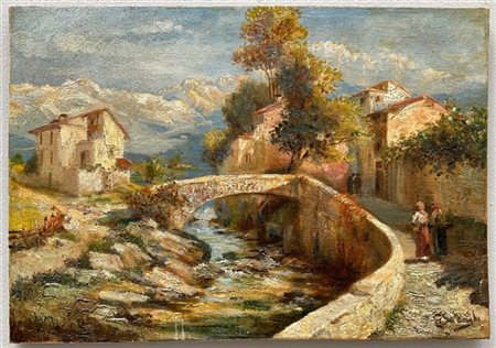 Giuseppe Solenghi "Scorcio di paese" olio su tela (cm 45x64) Firmato in basso a