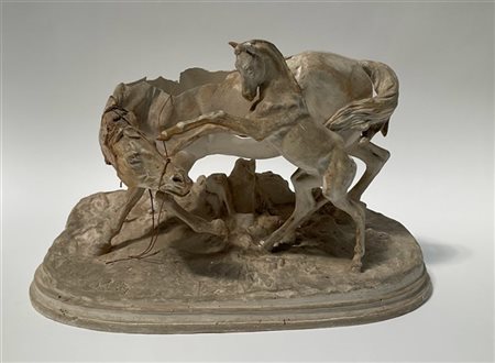 Stanislao Grimaldi "Cavalla e cavallino" gruppo scultoreo in gesso (cm 50x31x19)