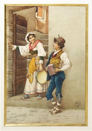 Filippo Indoni (Roma 1842-1883) - corteggiamento di personaggi in abiti popolari