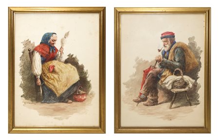 Giuseppe Canella (Venezia 1837-Padova 1913) - Coppia di dipinti raffiguranti Anziani