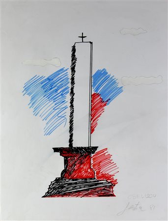 Tano Festa OBELISCO pennarelli e acrilico su carta, cm 70x50 firma, titolo e...