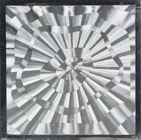 Eugenio Carmi TESSITURA VOLATILE collage su carta, cm 35x35 firma, titolo e...