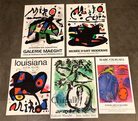 JOAN MIRÒ E MARC CHAGALL - Lotto unico di 5 manifesti