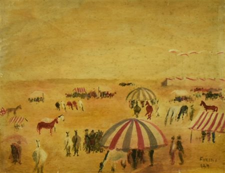 Mippia Fucini IPPODROMO tecnica mista su tavola, cm 15x20 firma e data...