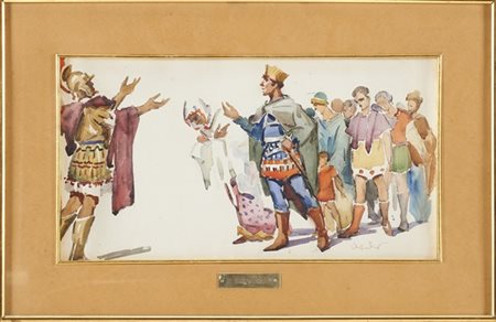 Arcangelo Salvarani "Scena storica" acquerello su carta (cm 20x38) Firmato in ba