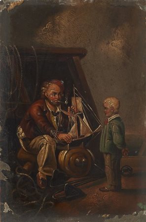 Ignoto del secolo XIX "Marinaio e fanciullo" olio su lamiera (cm 21,5x14) Al re