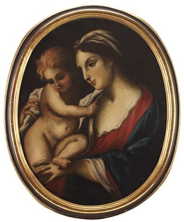 Ignoto, antico dipinto raffigurante Madonna con Bambino. Olio su tela ovale (cm