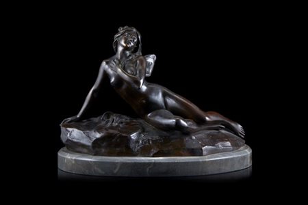 Ferdinand Faivre "Ninfa"Scultura Art Nouveau in bronzo patinato su base in marm