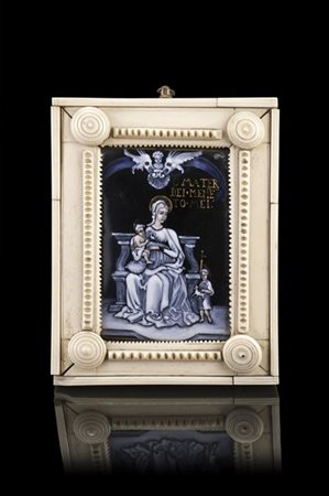 Manifattura di Limoges, secolo XIX "Madonna con Bambino" placca in rame dipinto