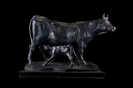 Ubaldo Magnavacca "Mucca e vitellino" scultura in bronzo (h. cm 25,5) poggiante