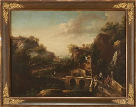Scuola veneta del secolo XVIII    Paesaggio con figure su un ponte