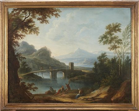 Scuola veneta del secolo XVIII    Paesaggio fluviale con figure e ponte