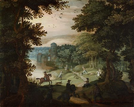 Mattheus Molanus (attr.)

Paesaggio boschivo con scena di caccia
Olio su tavola,