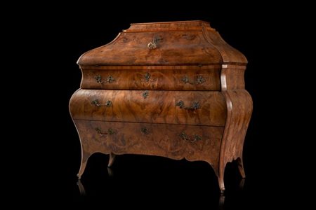 Ribalta ad urna lastronata e filettata in noce e legni vari con fronte bombato